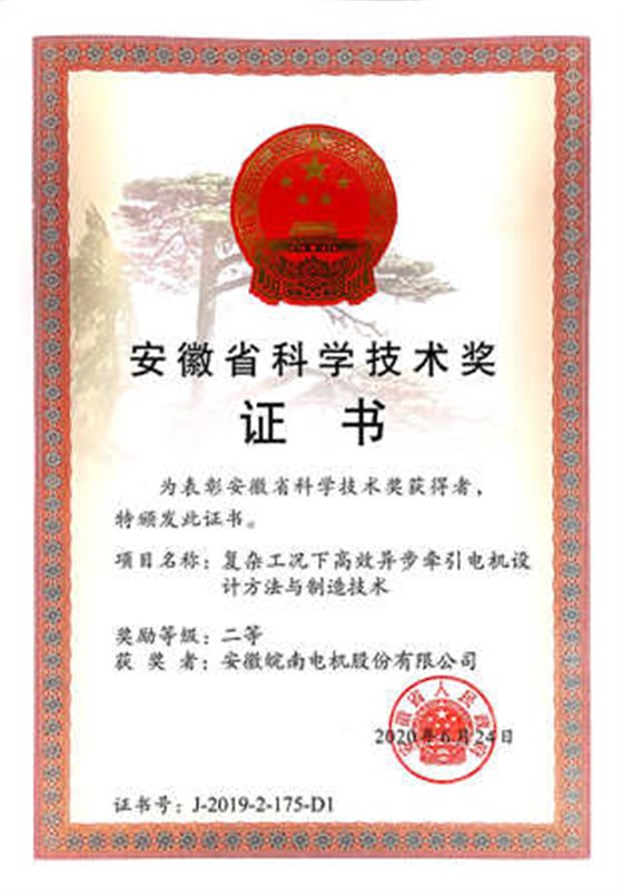 2019年安徽省科技进步二等奖:皖南电机:“复杂工况下高效异步牵引电机设计方法与制造技术” 2019年安徽省科技进步二等奖:皖南电机:“复杂工况下高效异步牵引电机设计方法与制造技术”